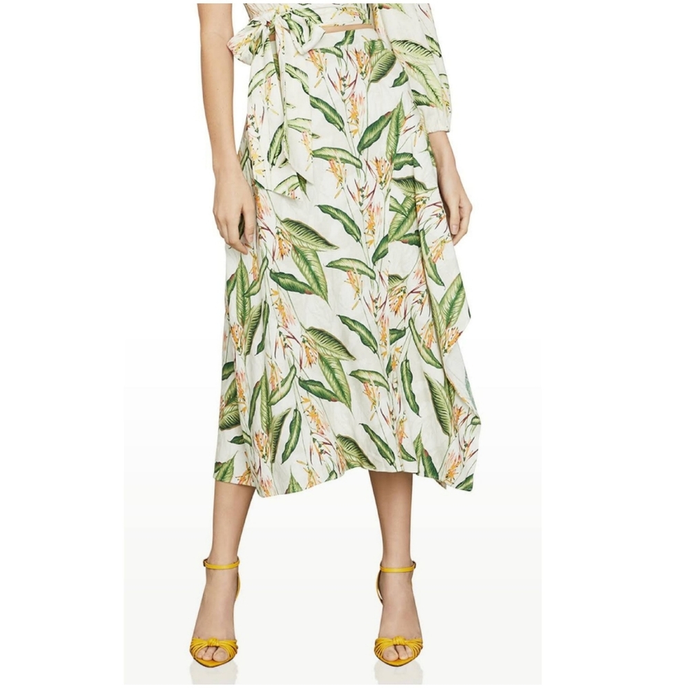 NWT BCBGMaxAzria Tropical Print Asymmetrical Midi Skirt Green Multi Size XS